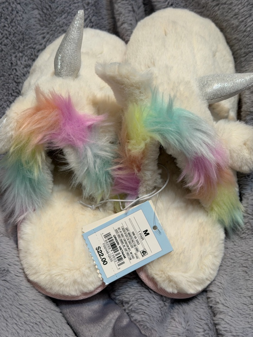 Cat & Jack Cream Unicorn Plush Slippers with Rainbow Mane